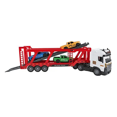2-Play Vrachtwagen autotransporter met 3 auto's frictie licht en geluid 38cm
